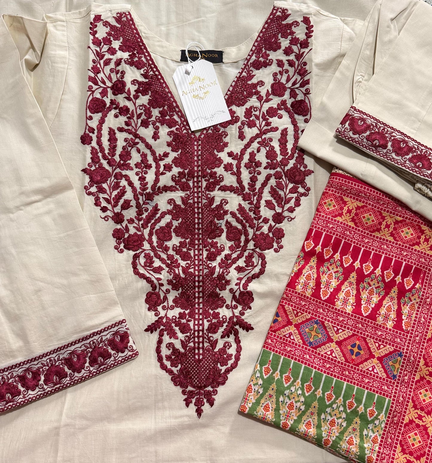 Agha Noor Original 3 Piece Cambric Embroidered Dress