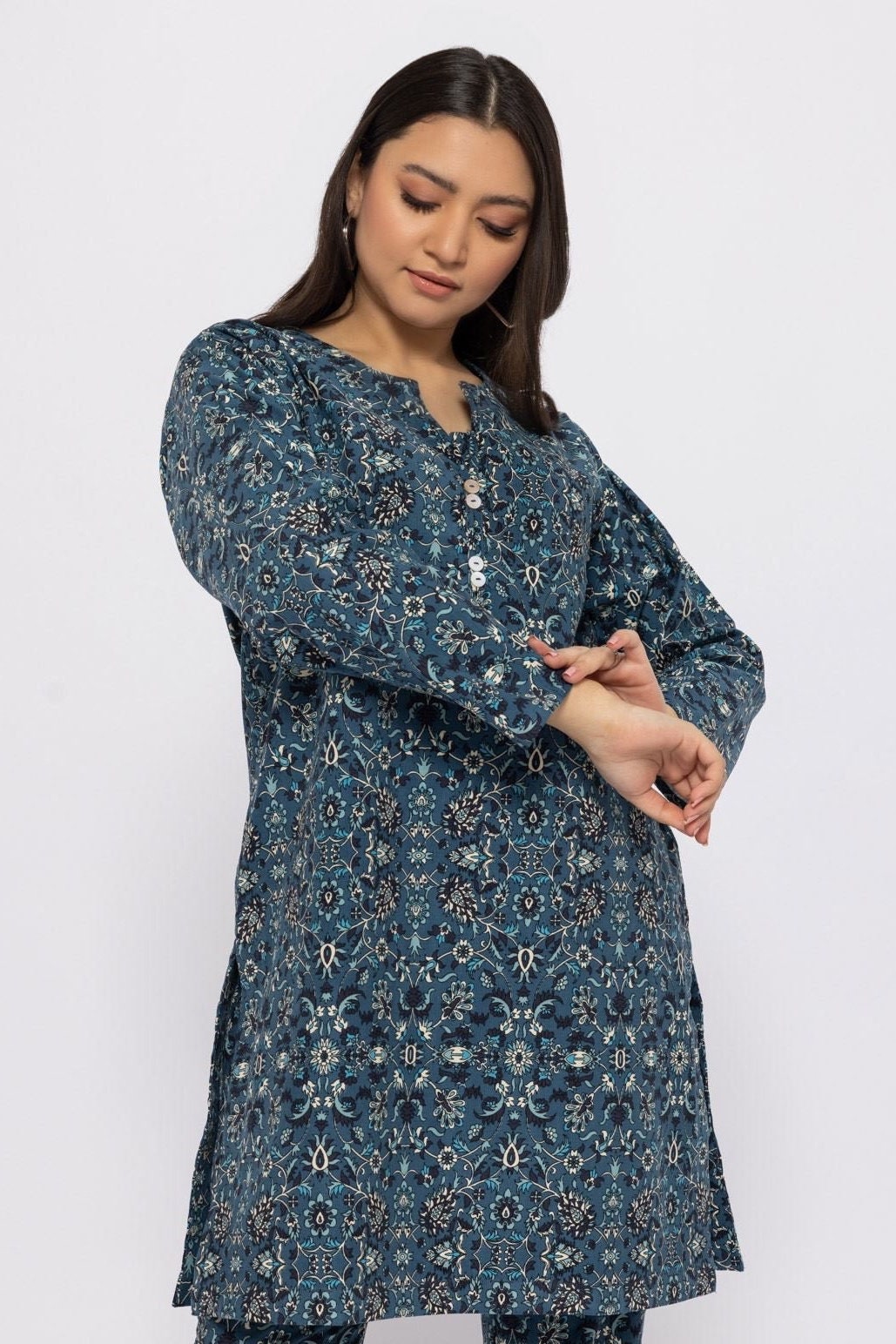 Khaadi Brand Original Printed Corduroy Kurta Shirt Pakistani Indian Designer Wear