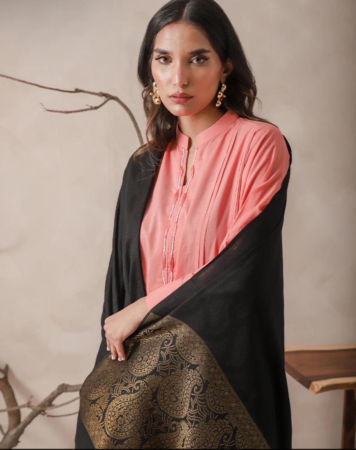 Jacquard Self Printed Black Zari Border Shawl Pashmina Asim Jofa Brand Pakistani Indian Ready To Wear