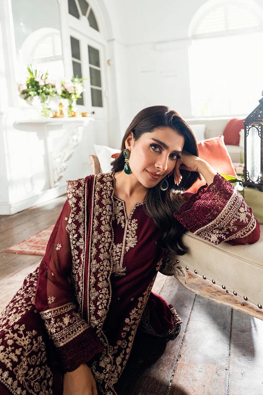 Azure Farshi Shalwar Dress Khadi Net Embroidered Latest Collection 2025