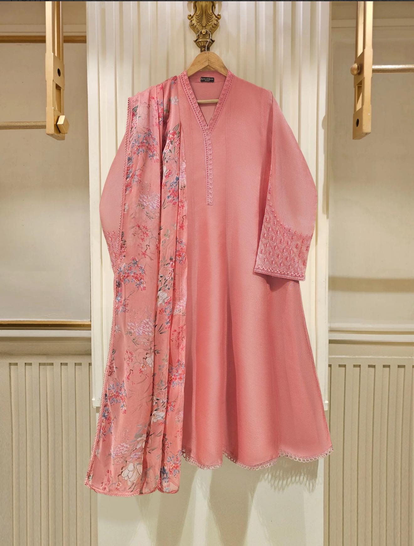 Agha Noor Dress Original 3 Piece Pure Cotton Net Dress Pink