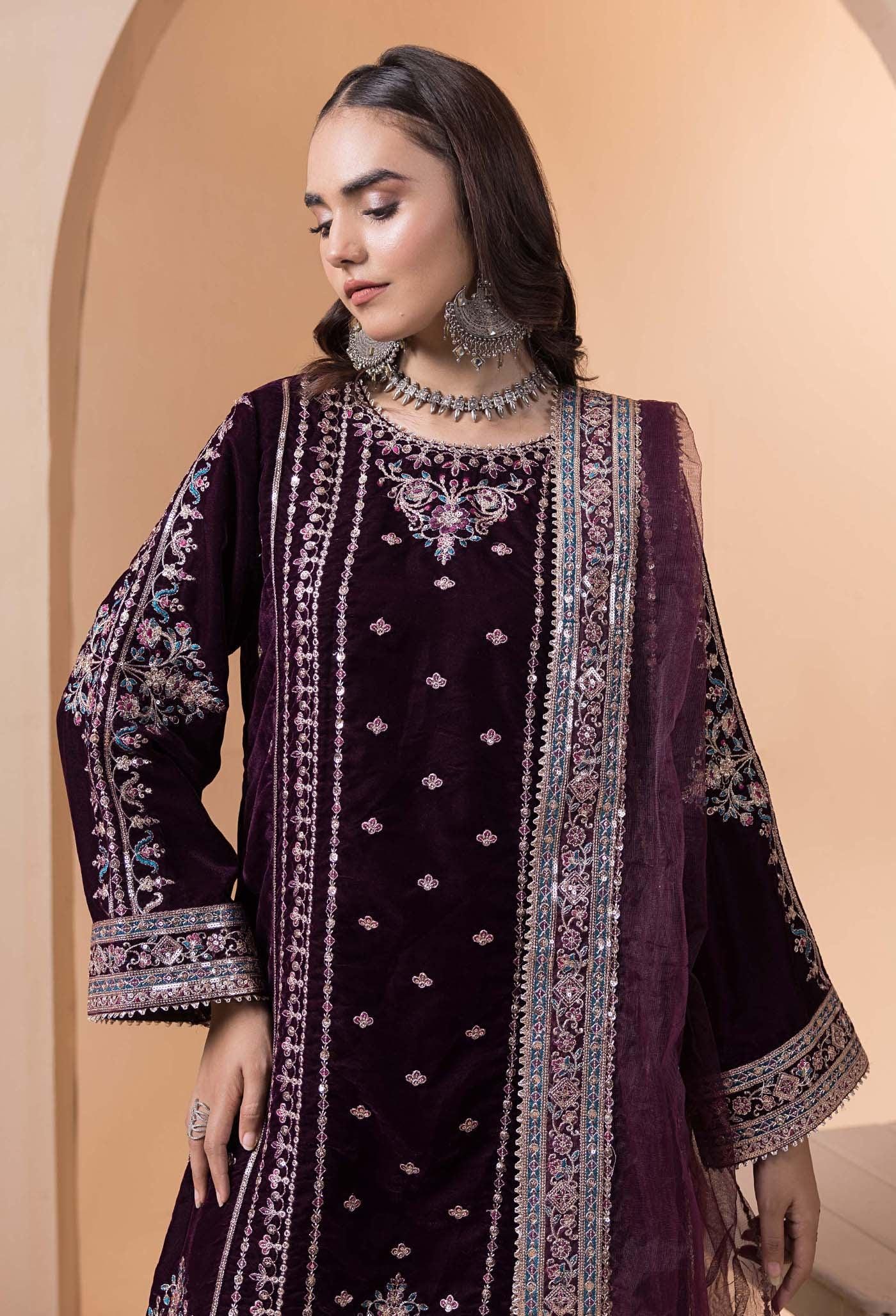 Velvet 3 Piece Embroidered Dress Pakistani Indian Designer Ready To Wear