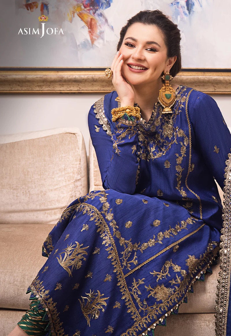 Asim Jofa Original Indian Raw Silk Embroidered Zari Sitara Collection Pakistani Designer Wear Size Medium & Large