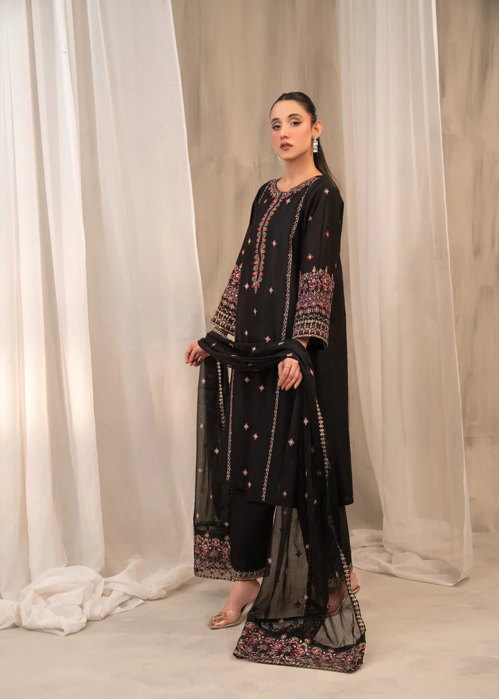 Linen Embroidered 3 Piece Dress