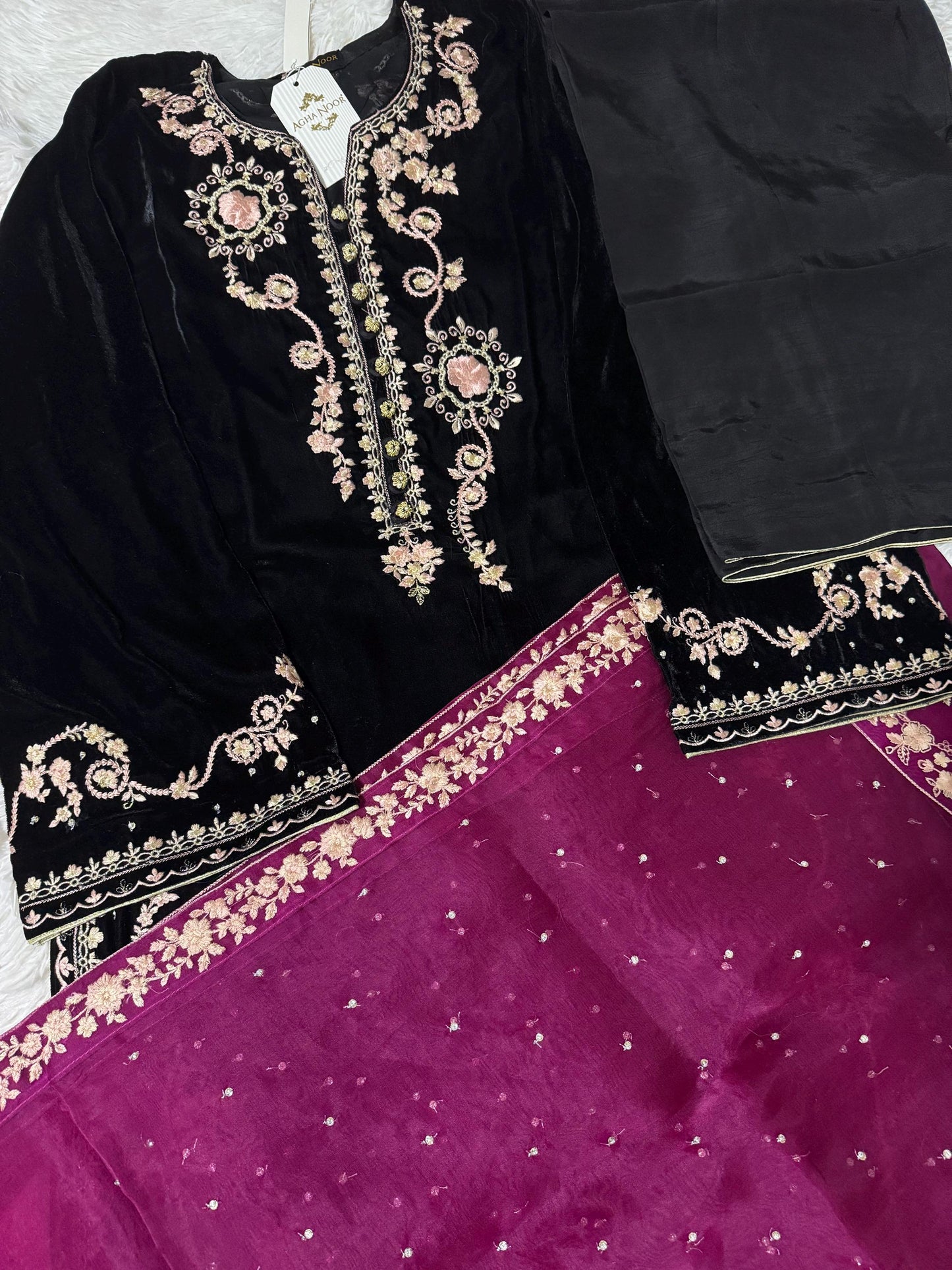 Agha Noor Velvet Embroidered Dress