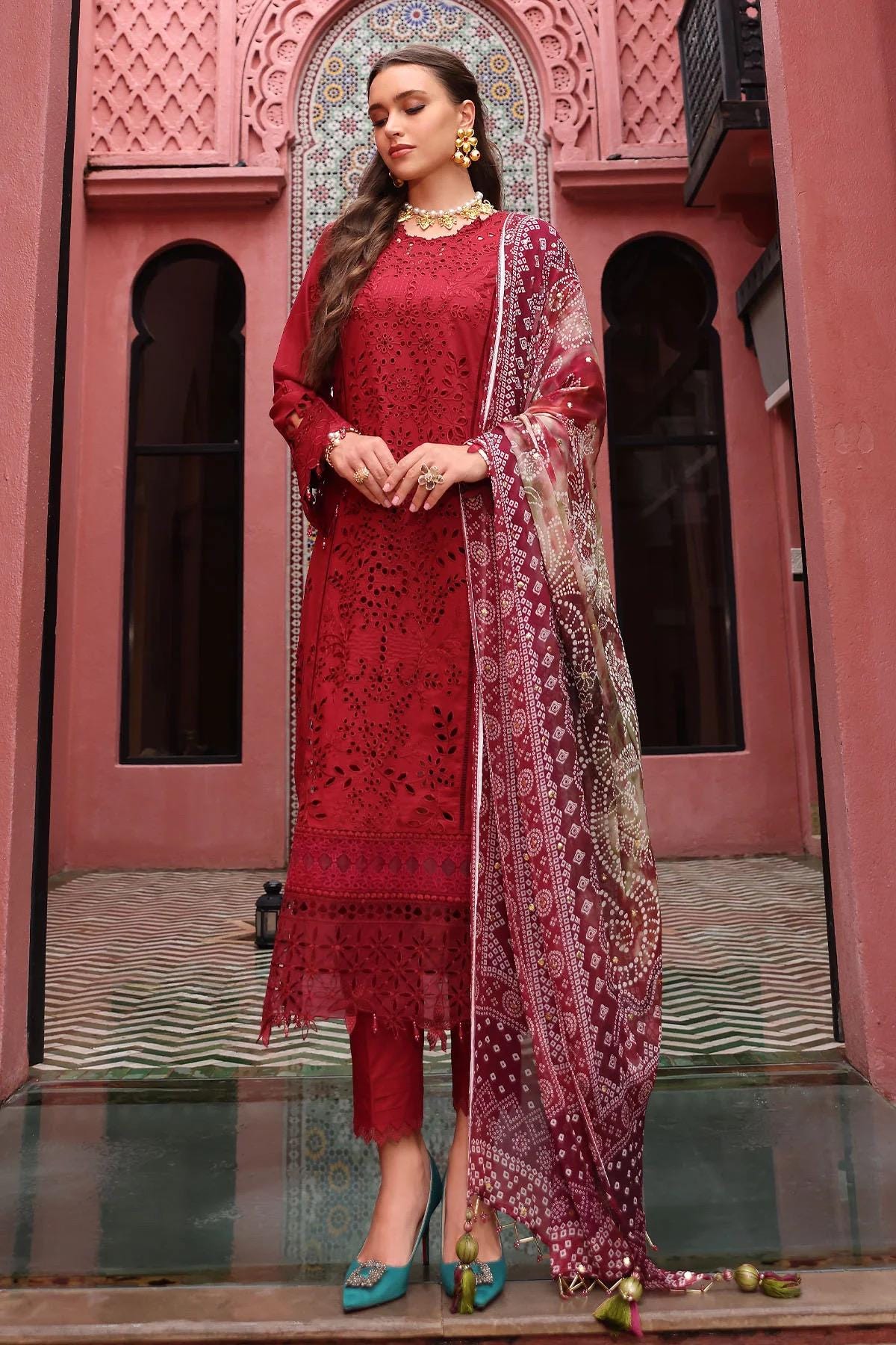Nureh Embroidered Chikankari Lawn 3 Piece Dress With Mukesh Work Dupatta