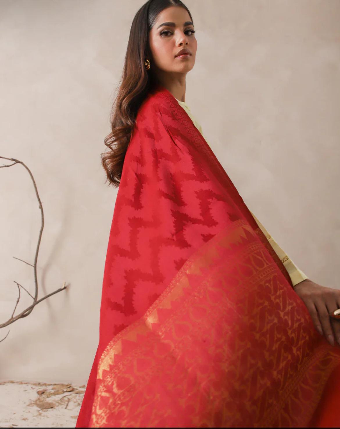 Jacquard Zari Border Shawl Pashmina Red Asim Jofa Brand Pakistani Indian Ready To Wear