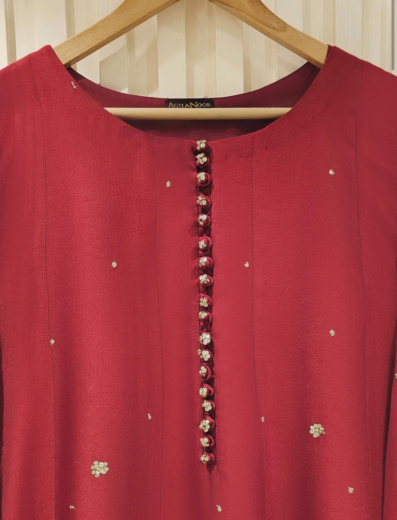 Agha Noor Dress Original 3 Piece Pure Cotton Net Dress Maroon