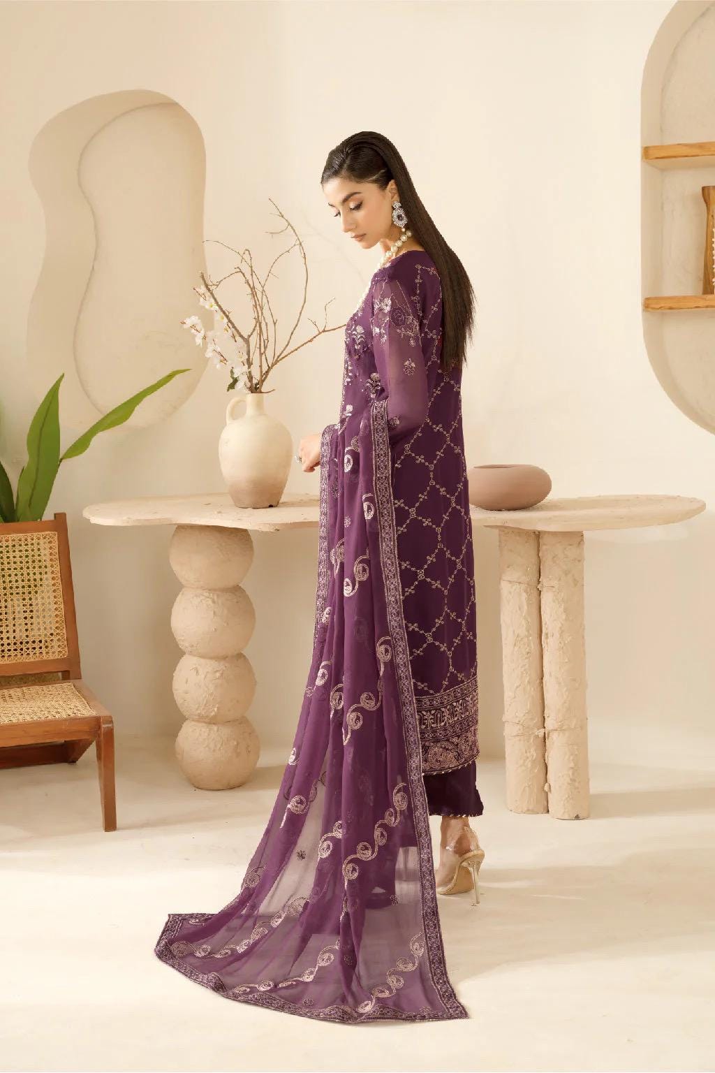 Chiffon Embroidered 3 Piece Stitched Dress Pakistani Designer Wear