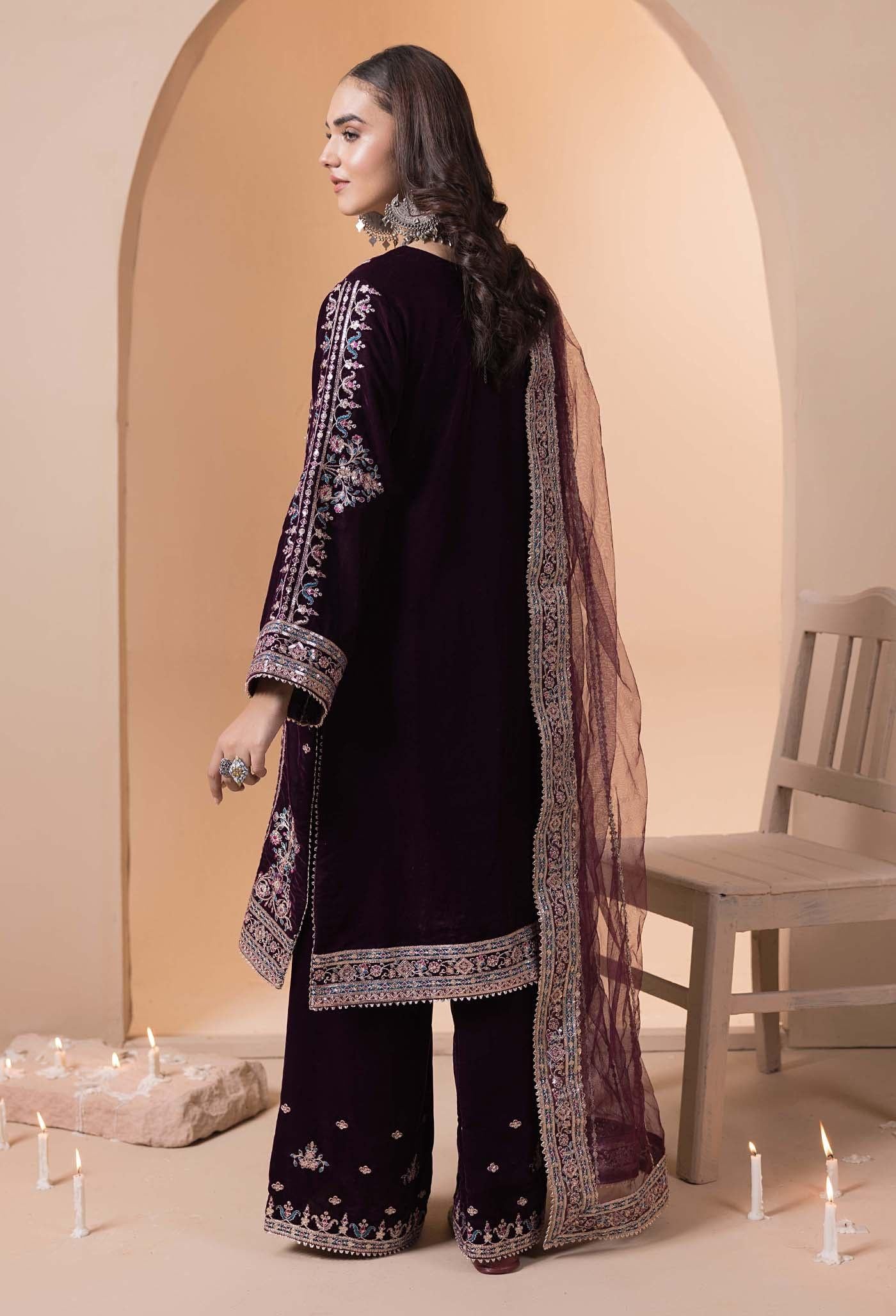 Velvet 3 Piece Embroidered Dress Pakistani Indian Designer Ready To Wear