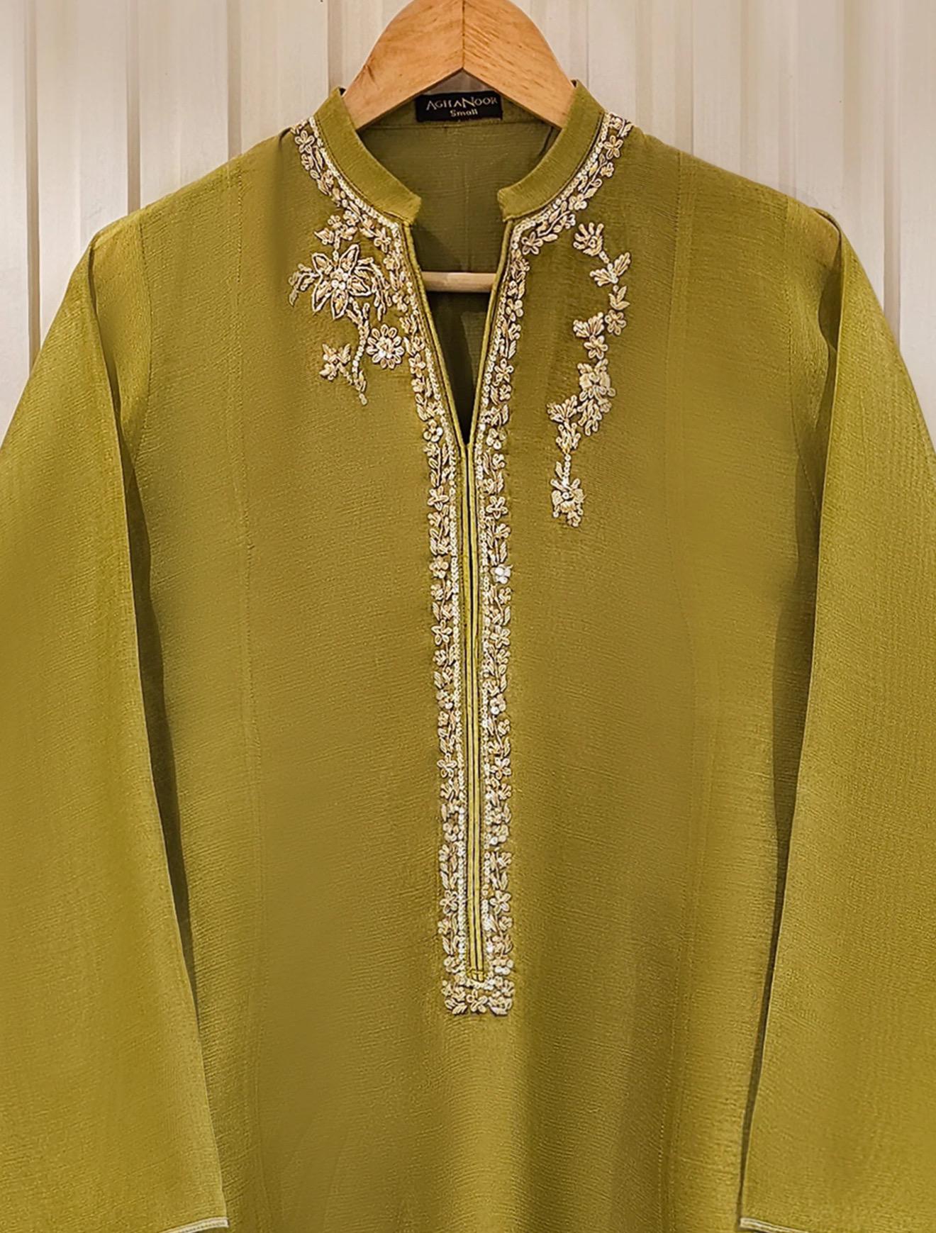 Agha Noor Dress Original 3 Piece Pure Cotton Net Dress Green