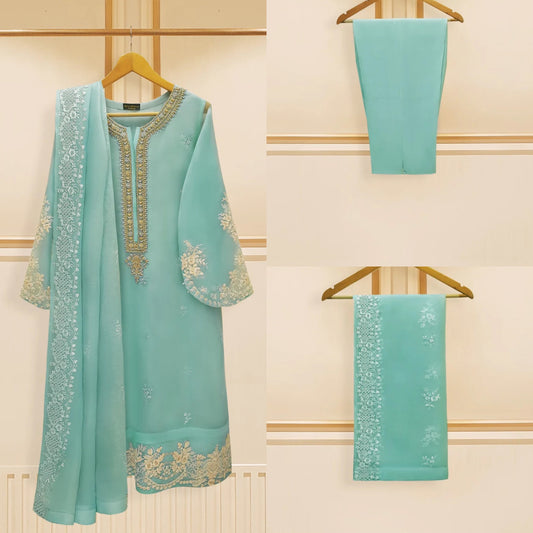 Agha Noor Original 3 Piece Organza Embroidered Dress