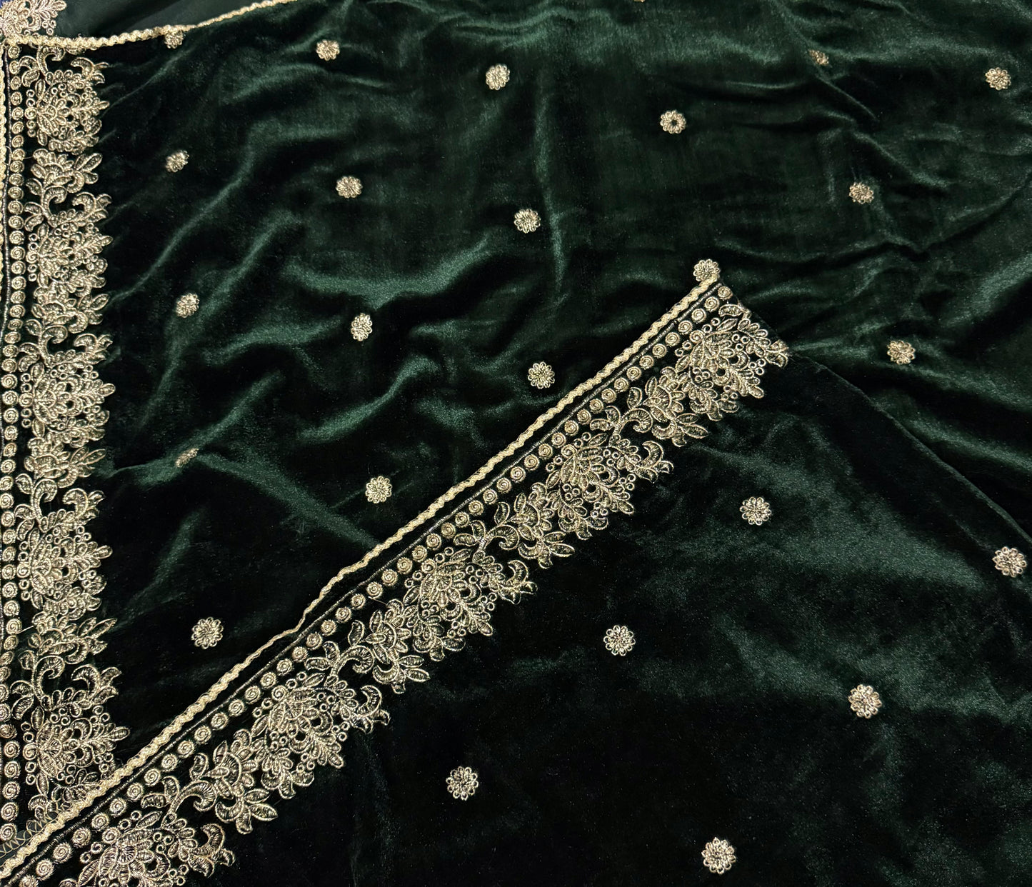 Velvet Zari Embroidered Shawl Green