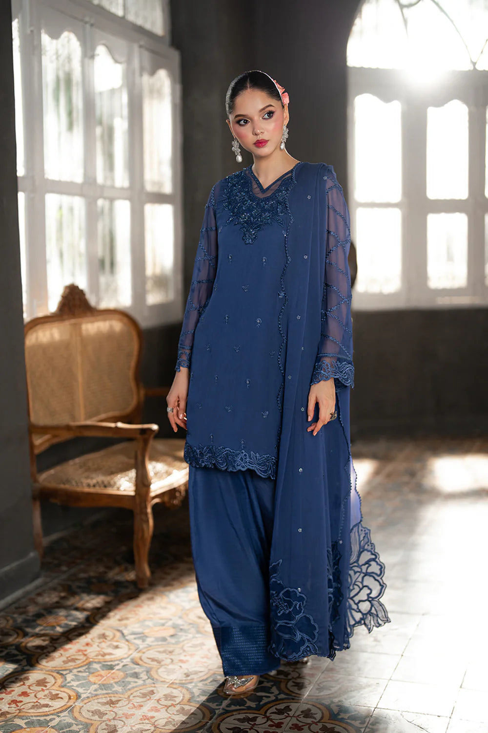 Azure Chiffon Embroidered Farshi Dress Latest Collection 2025