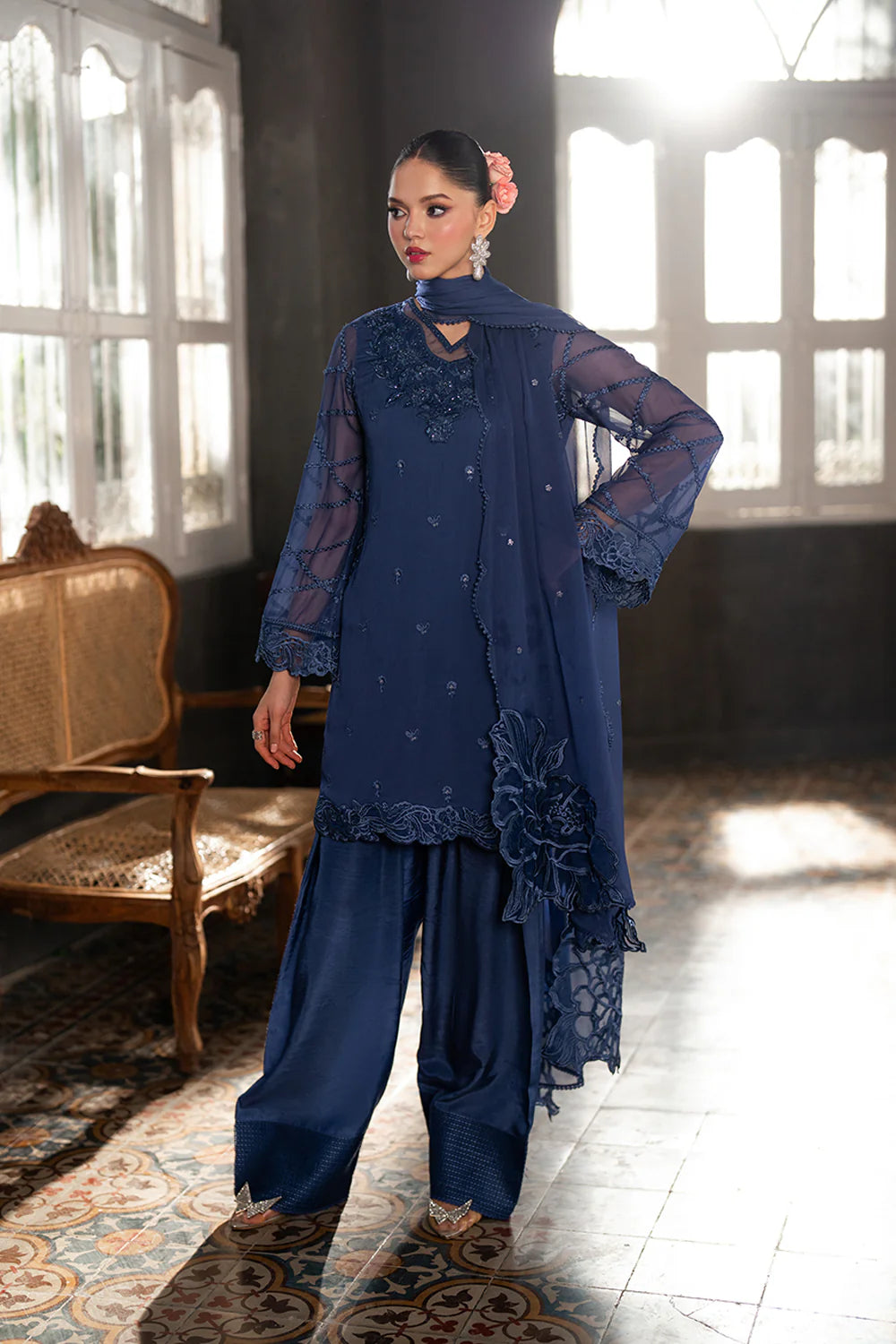 Azure Chiffon Embroidered Farshi Dress Latest Collection 2025