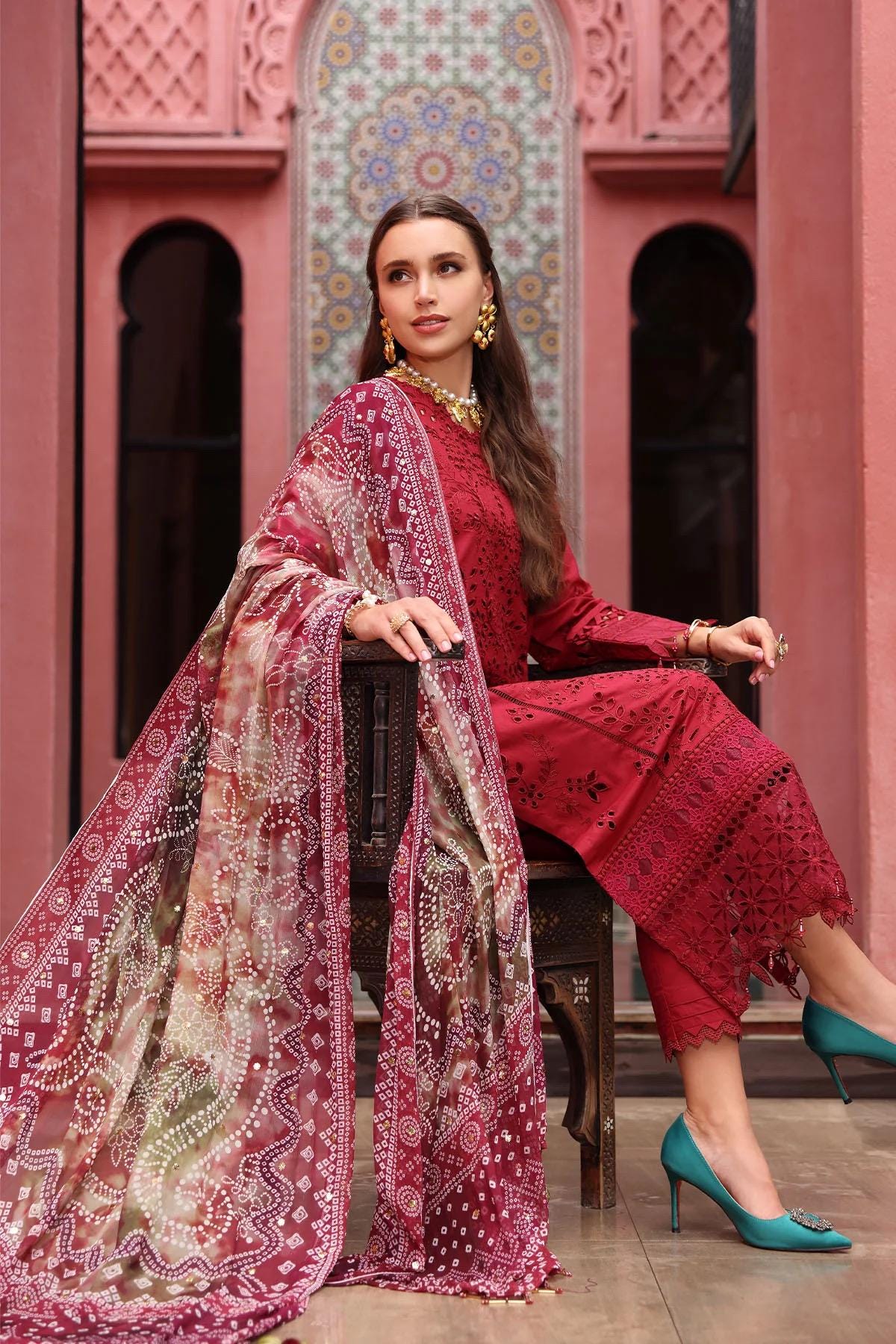 Nureh Embroidered Chikankari Lawn 3 Piece Dress With Mukesh Work Dupatta