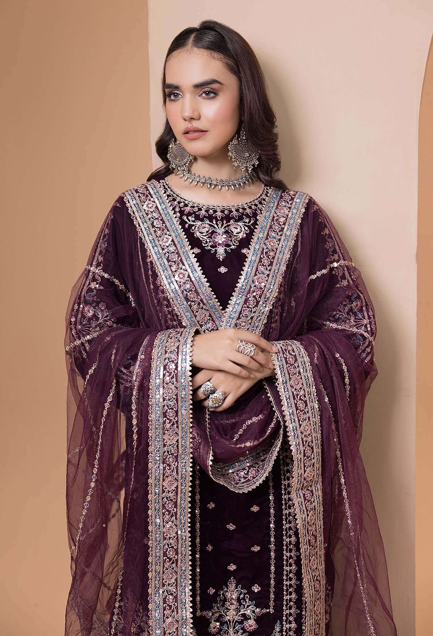 Velvet 3 Piece Embroidered Dress Pakistani Indian Designer Ready To Wear