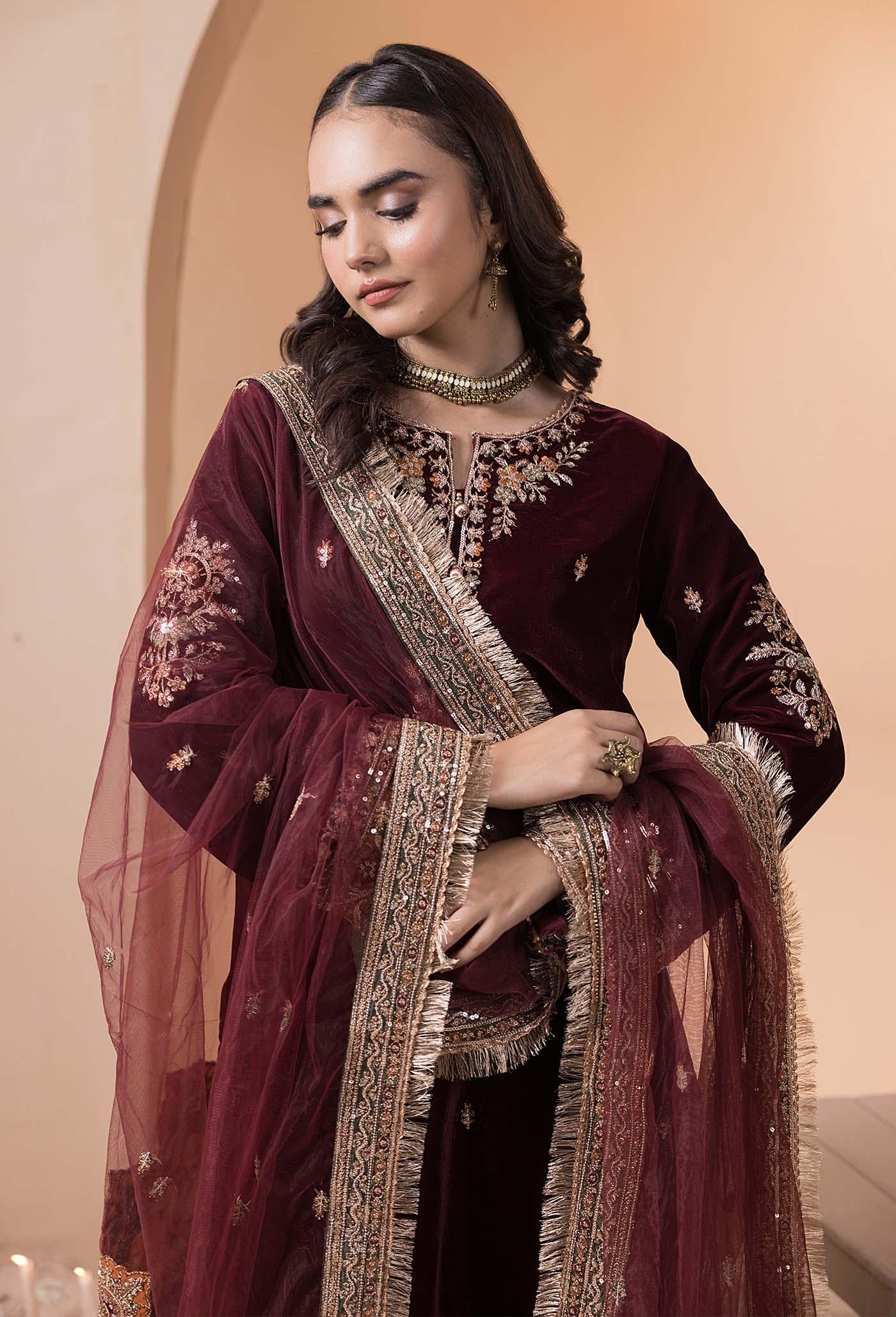 Velvet 3 Piece Embroidered Dress Pakistani Indian Designer Ready To Wear