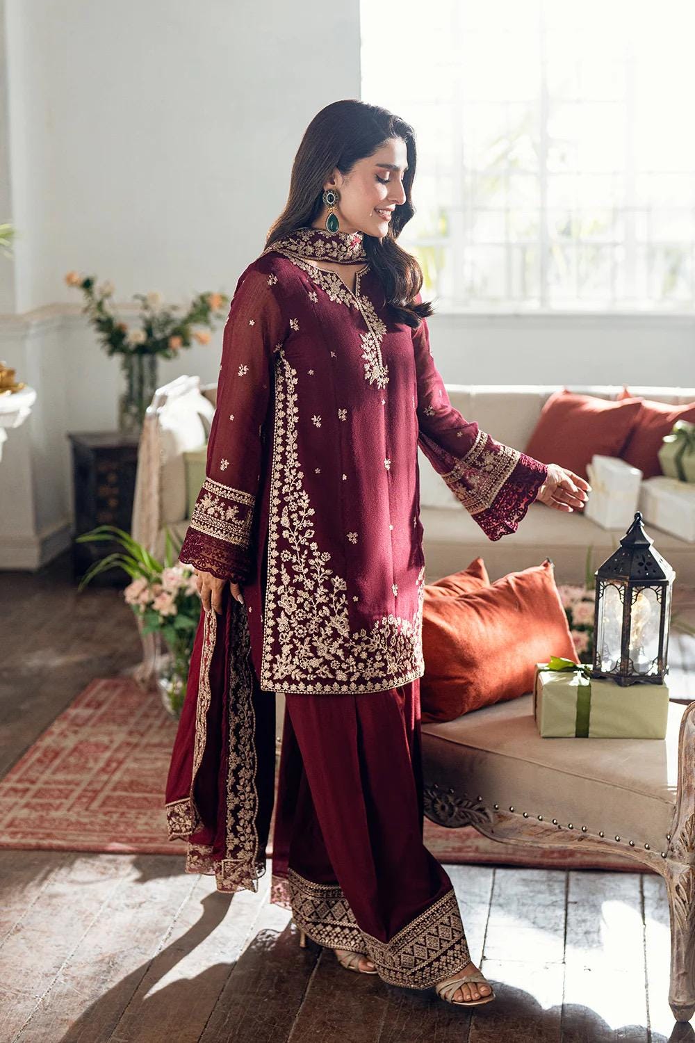 Azure Farshi Shalwar Dress Khadi Net Embroidered Latest Collection 2025