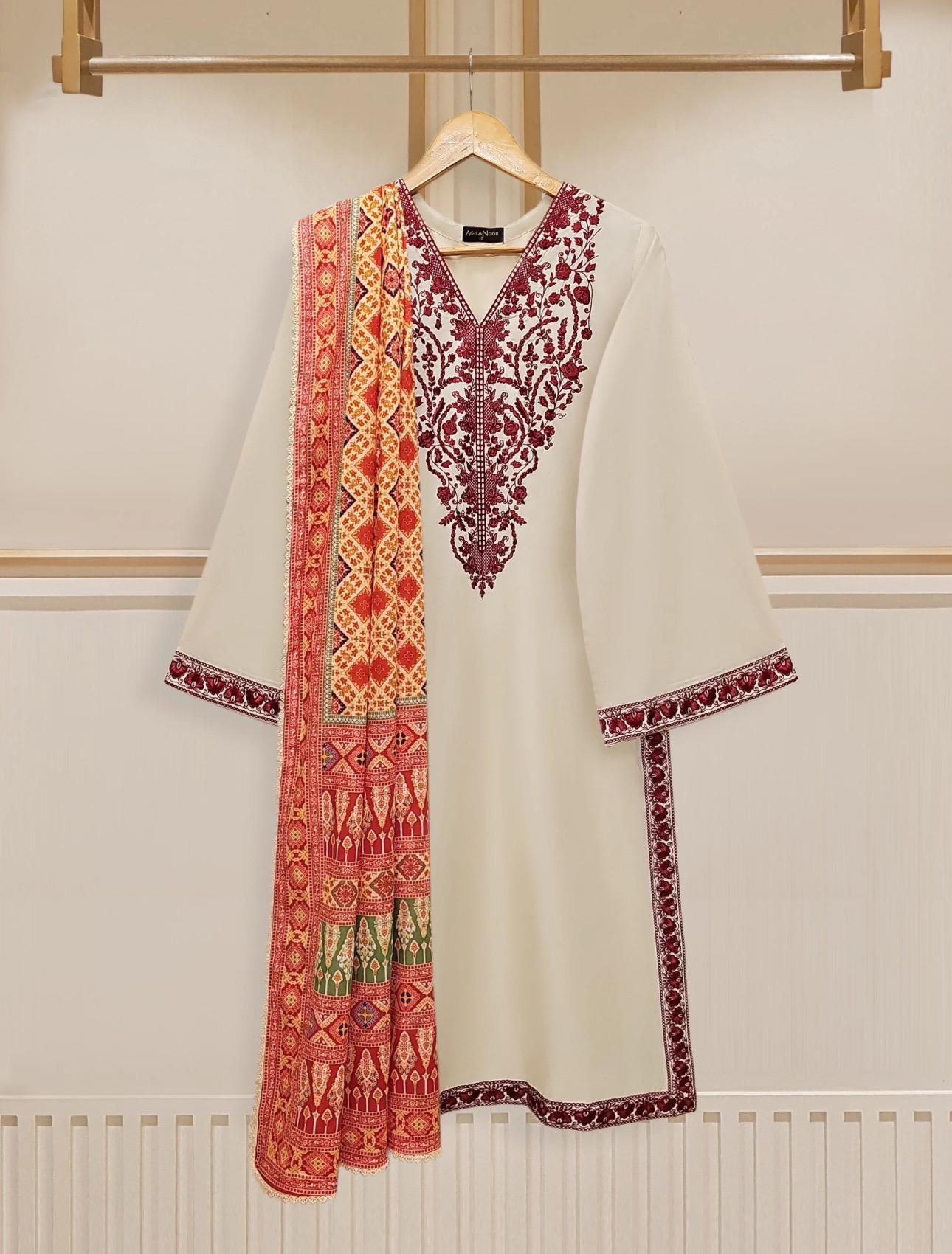 Agha Noor Original 3 Piece Cambric Embroidered Dress