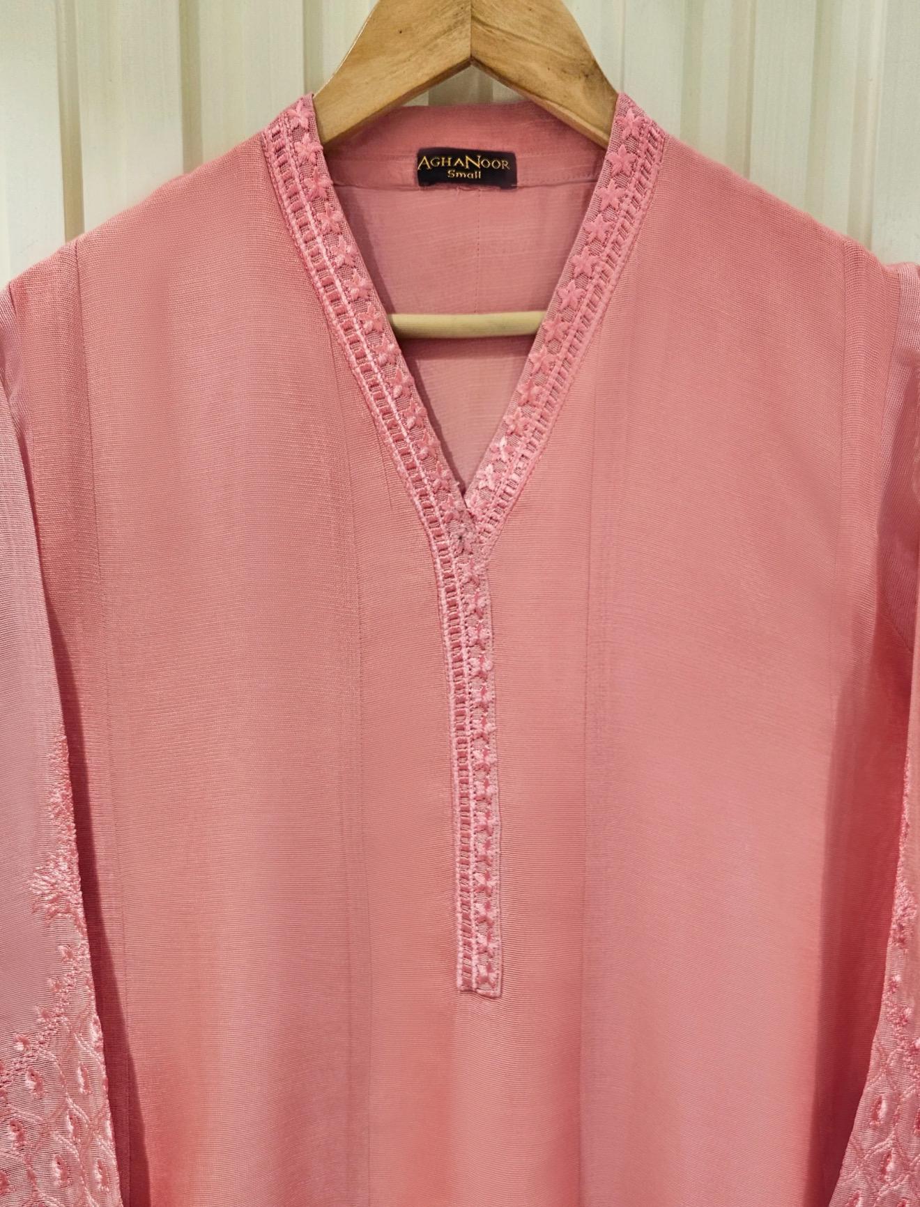 Agha Noor Dress Original 3 Piece Pure Cotton Net Dress Pink
