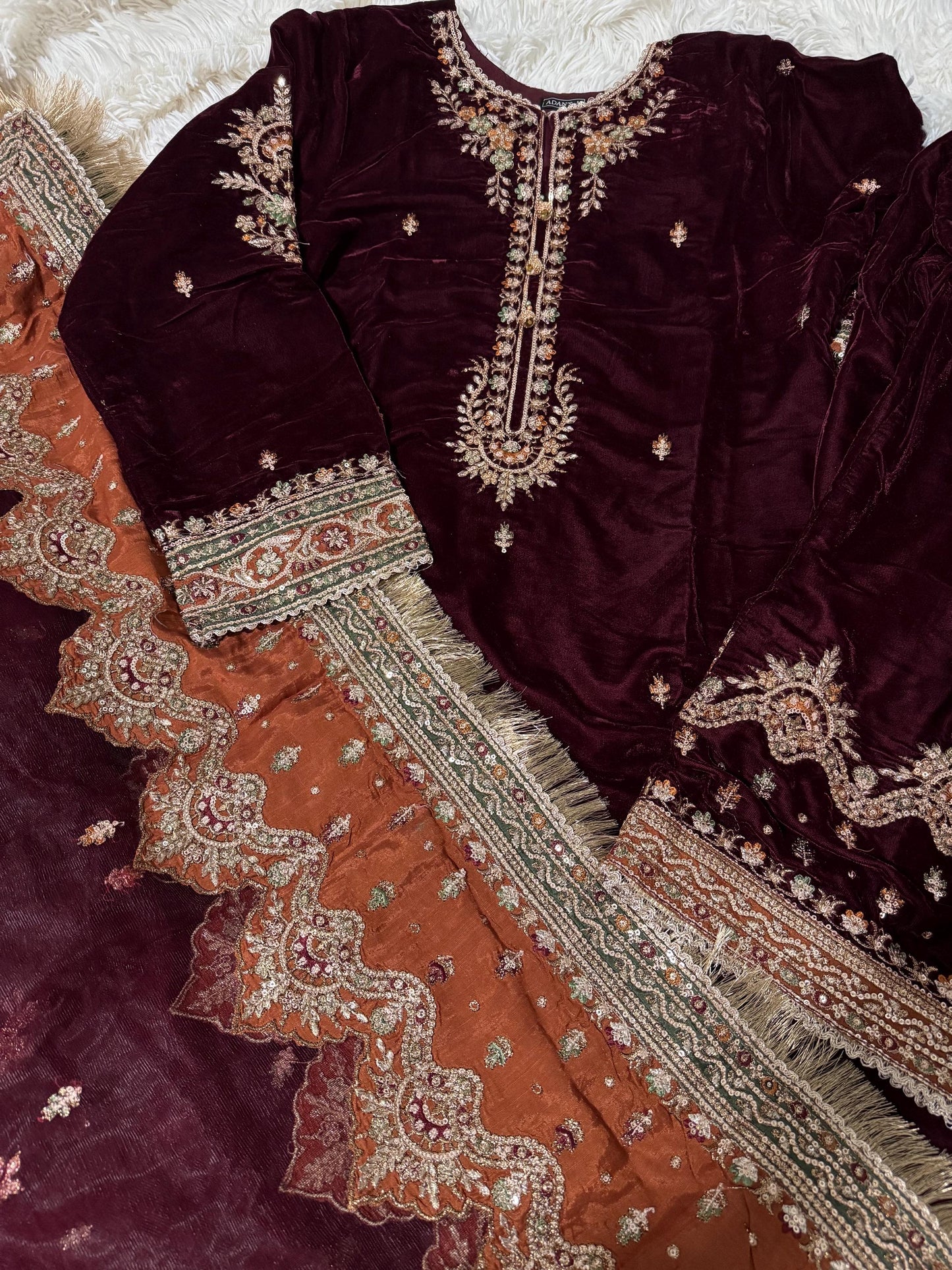 Velvet 3 Piece Embroidered Dress Pakistani Indian Designer Ready To Wear