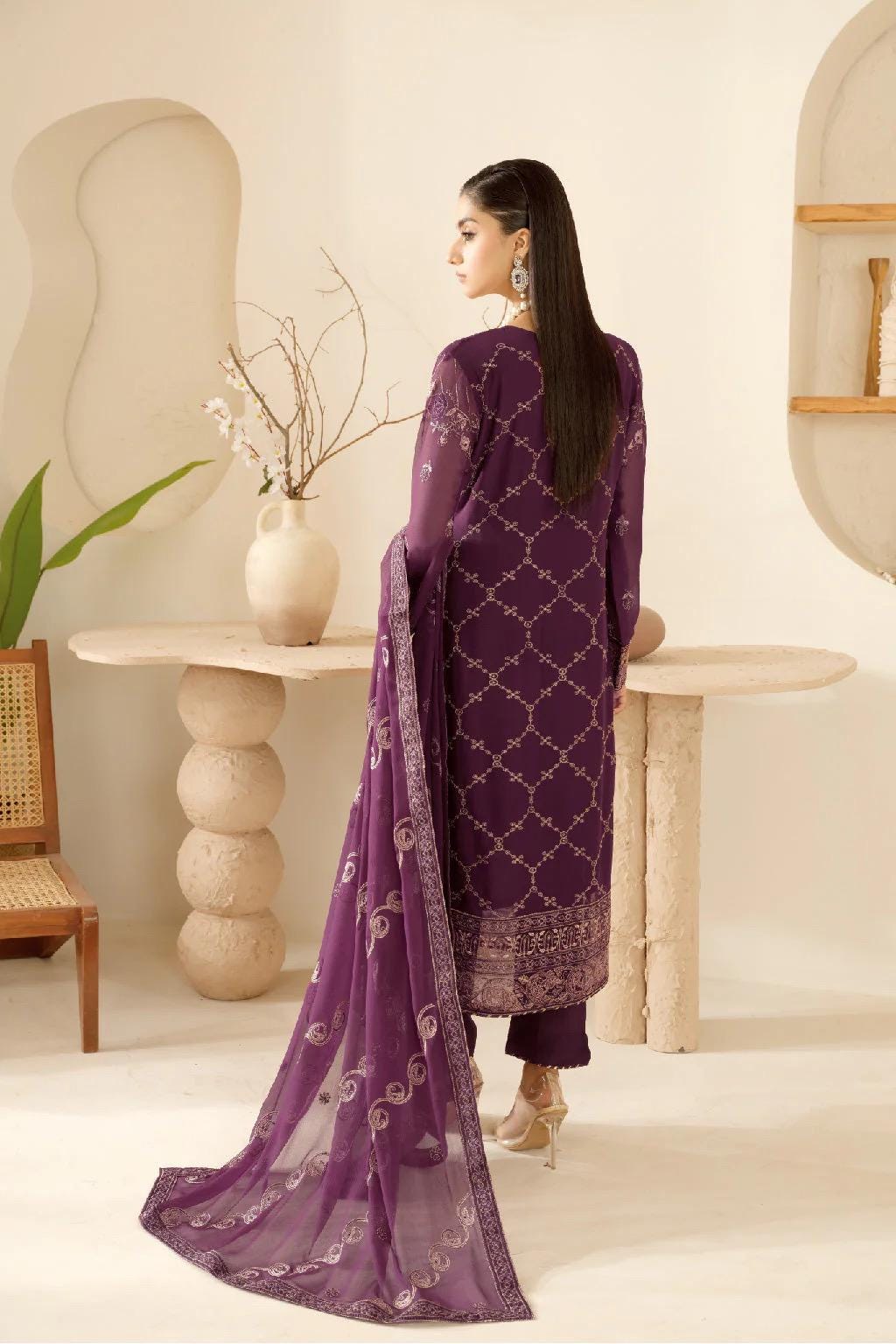 Chiffon Embroidered 3 Piece Stitched Dress Pakistani Designer Wear