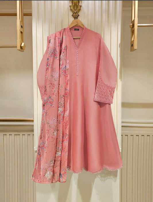 Agha Noor Dress Original 3 Piece Pure Cotton Net Dress Pink