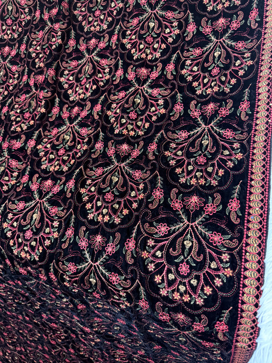 Velvet Heavily Embroidered Shawl Black