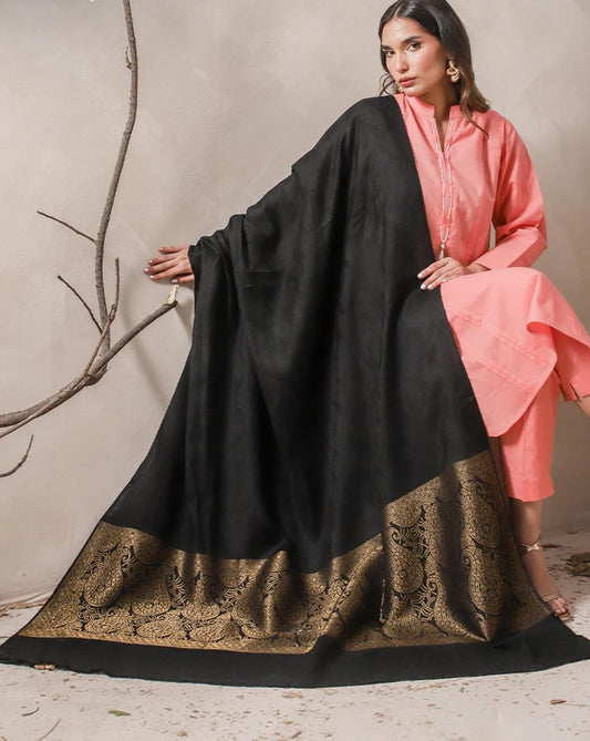 Jacquard Self Printed Black Zari Border Shawl Pashmina Asim Jofa Brand Pakistani Indian Ready To Wear