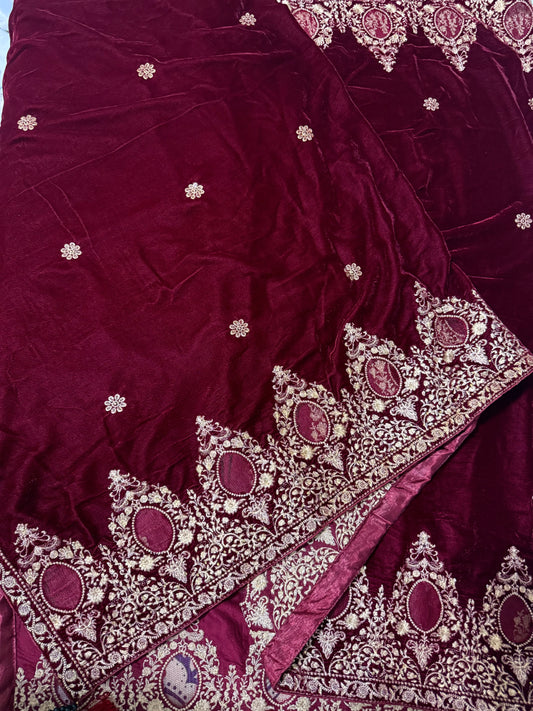 Velvet Zari Embroidered Shawl Maroon
