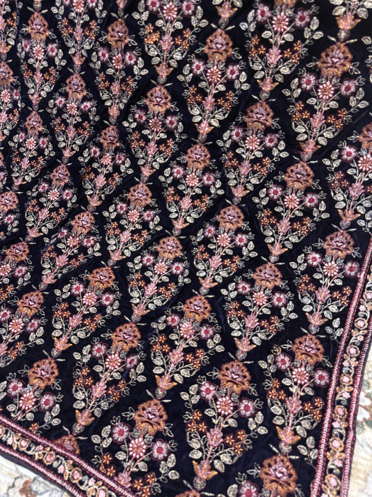 Velvet Heavily Embroidered Shawl Blue