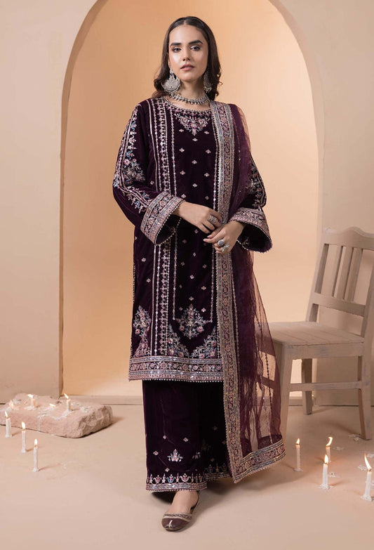 Velvet 3 Piece Embroidered Dress Pakistani Indian Designer Ready To Wear