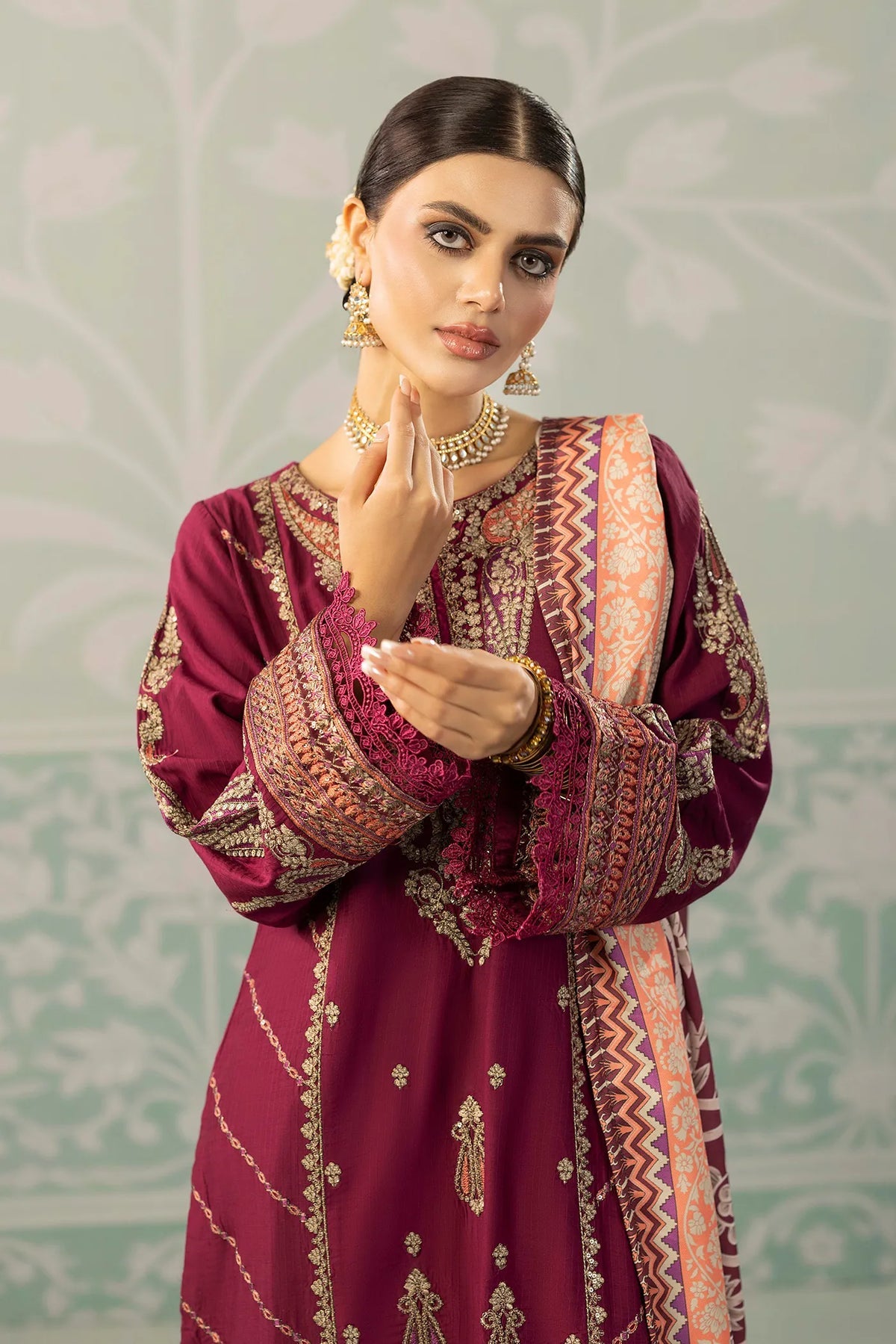 Viscose Slub  Embroidered 3 Piece Dress