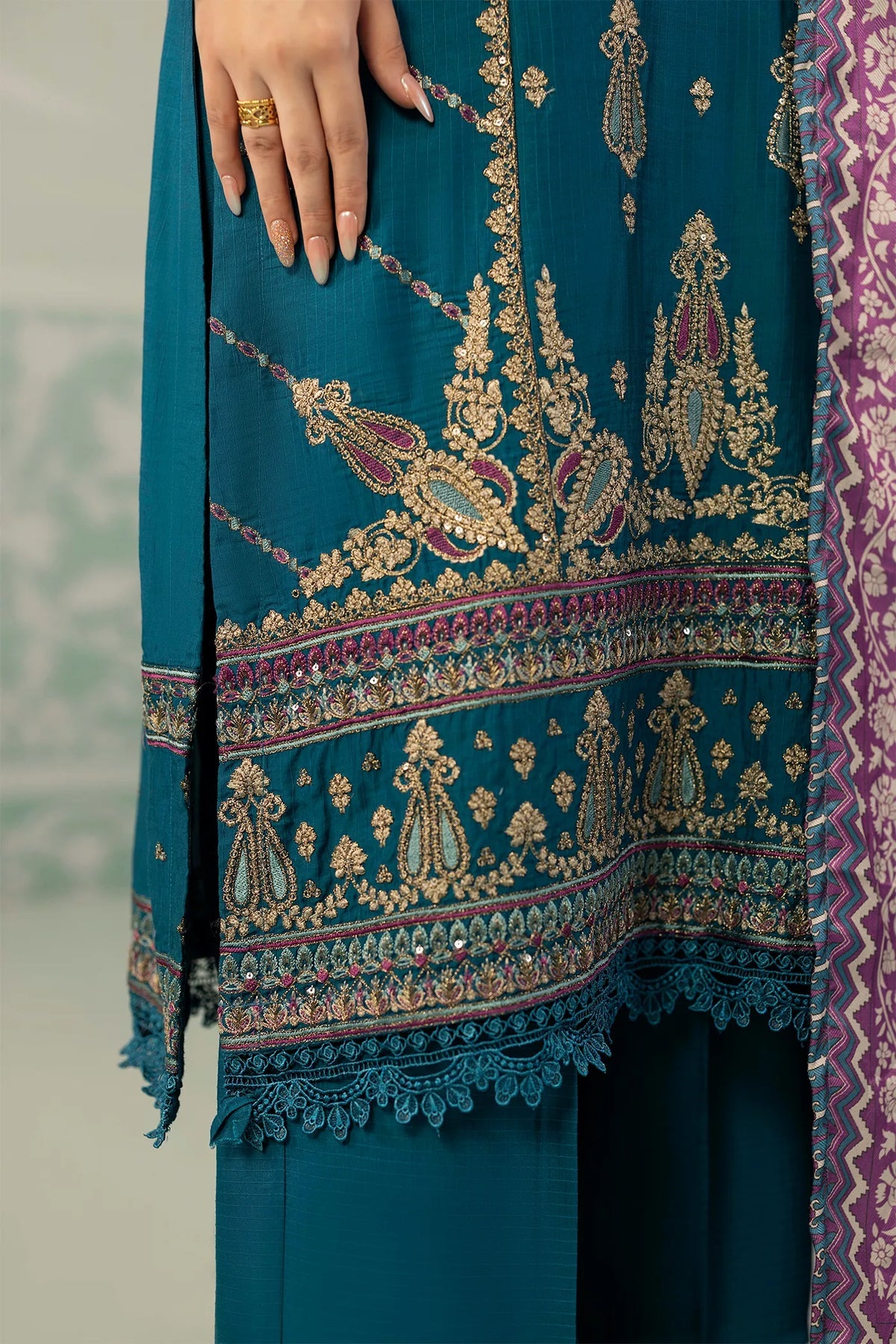 Viscose Slub  Embroidered 3 Piece Dress