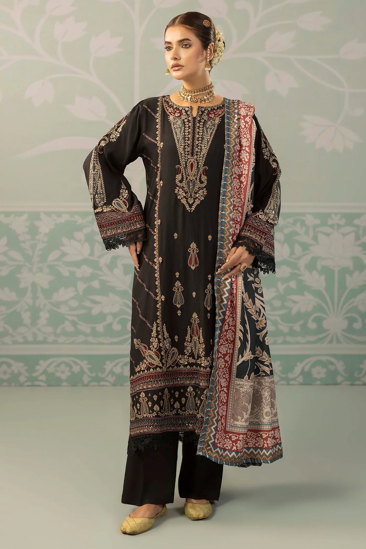 Viscose Slub  Embroidered 3 Piece Dress