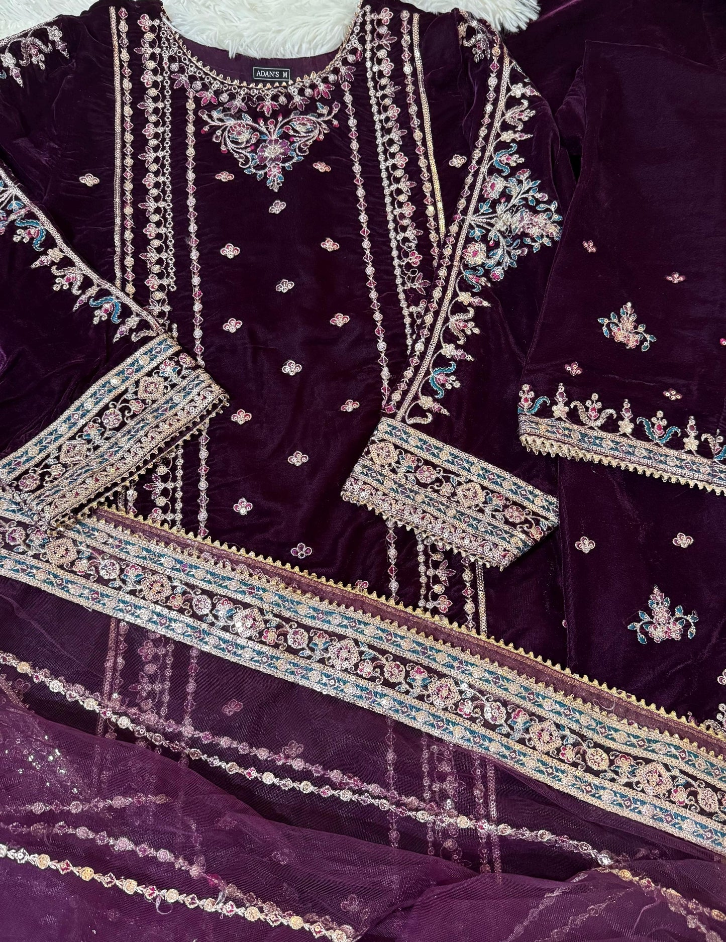 Velvet 3 Piece Embroidered Dress Pakistani Indian Designer Ready To Wear