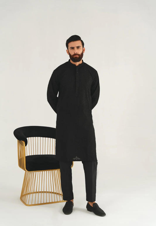 Agha Noor Men's Chiknkari Kurta Pant Pakistani Designer Black