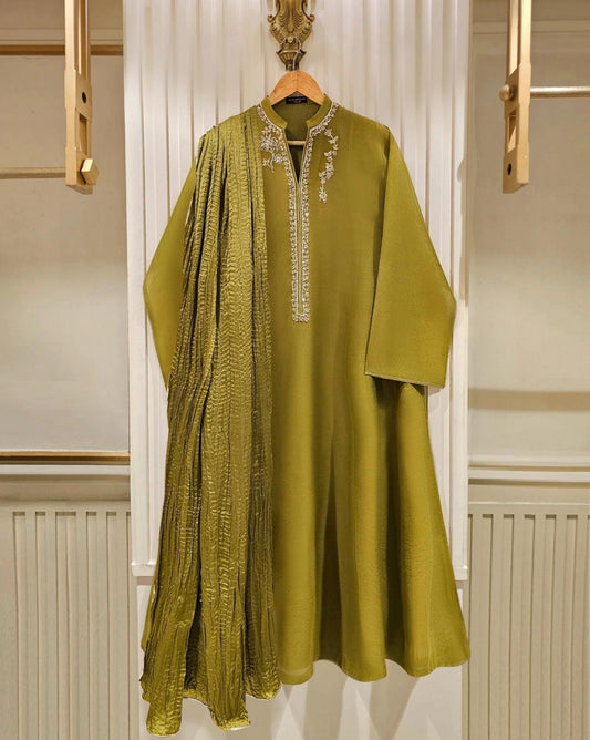 Agha Noor Dress Original 3 Piece Pure Cotton Net Dress Green