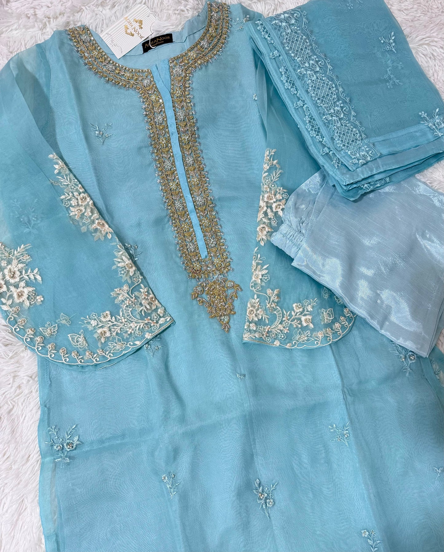 Agha Noor Original 3 Piece Organza Embroidered Dress