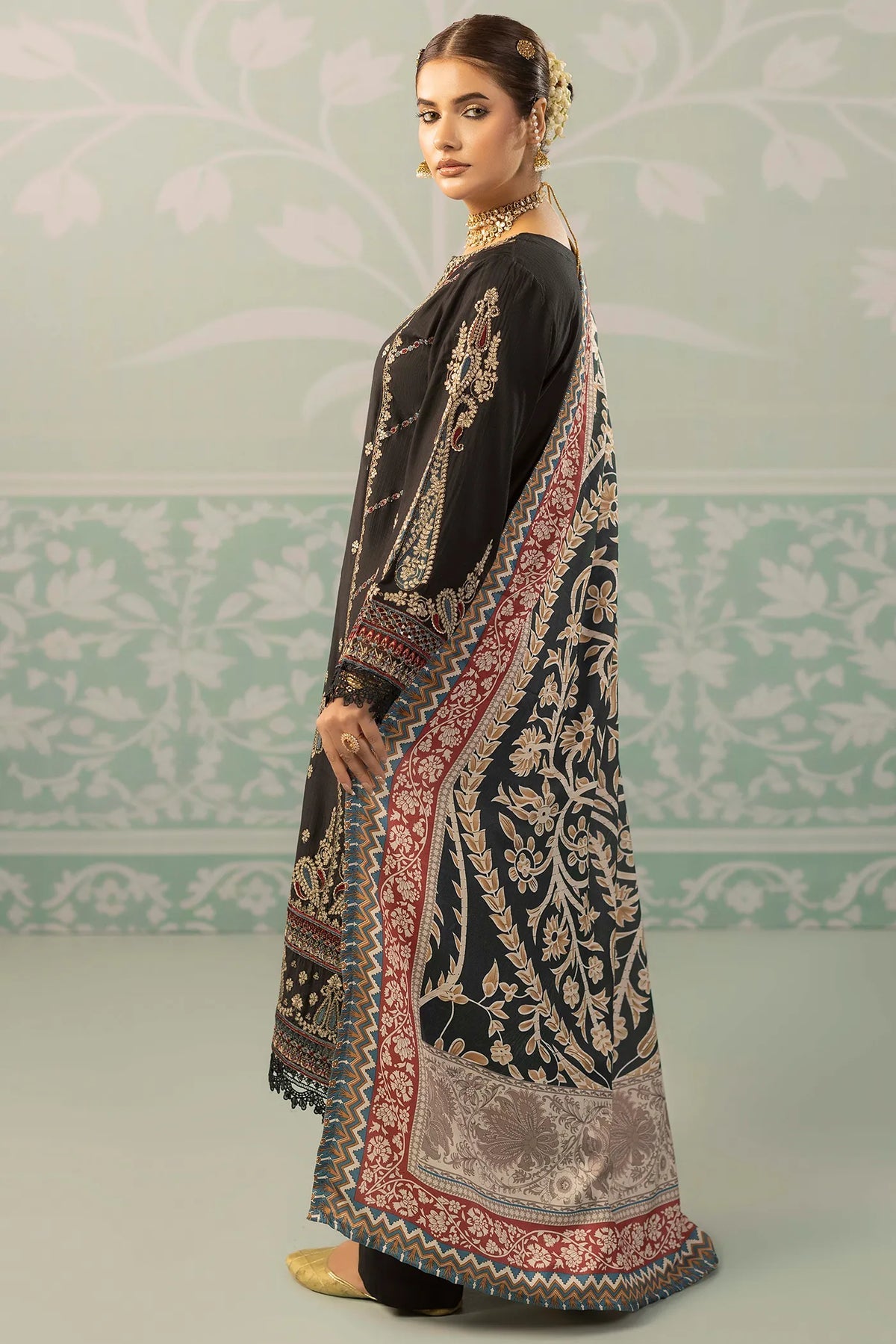 Viscose Slub  Embroidered 3 Piece Dress