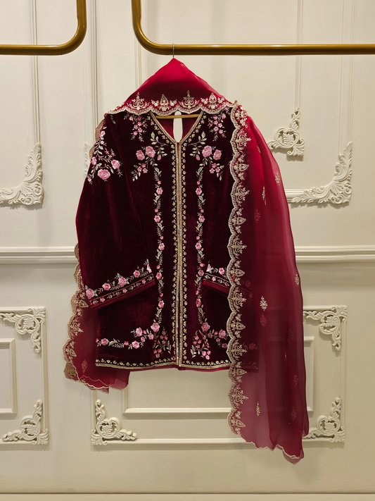 Agha Noor 3 Piece-Velvet Embroidered Suit S112849