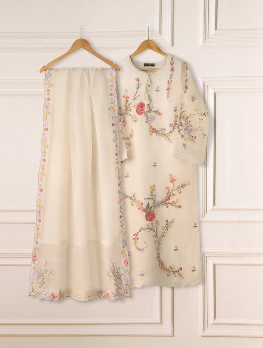 Agha Noor 3 Piece - Pure Organza Embroidered Dress