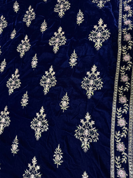 Velvet Zari Embroidered Shawl Blue
