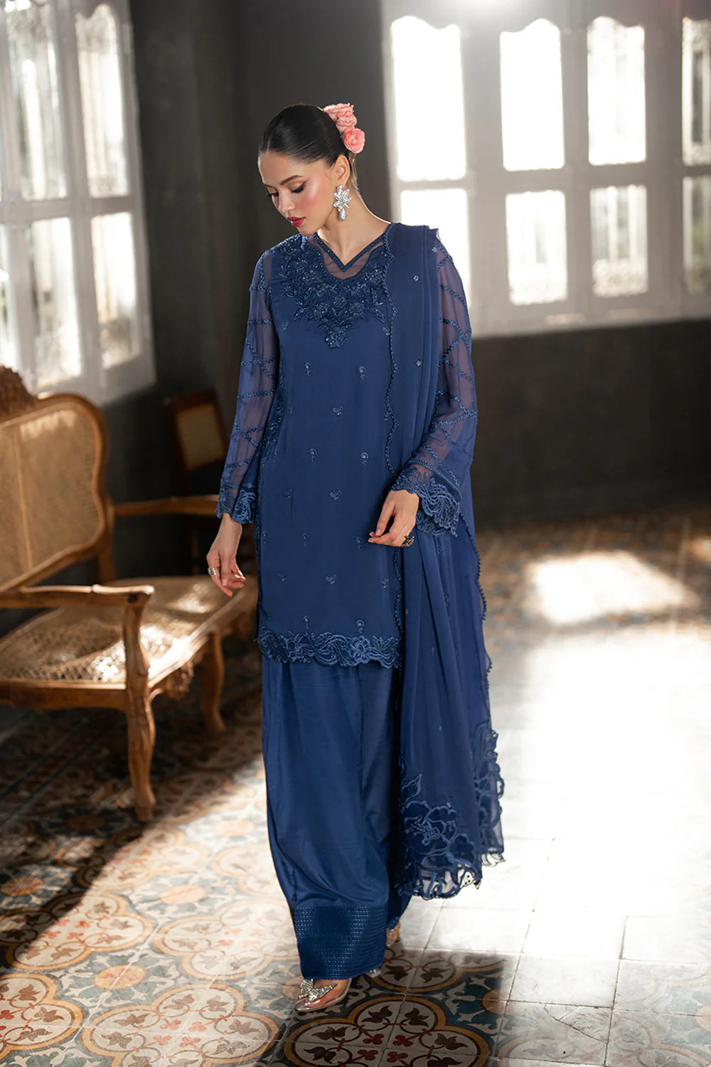 Azure Chiffon Embroidered Farshi Dress Latest Collection 2025