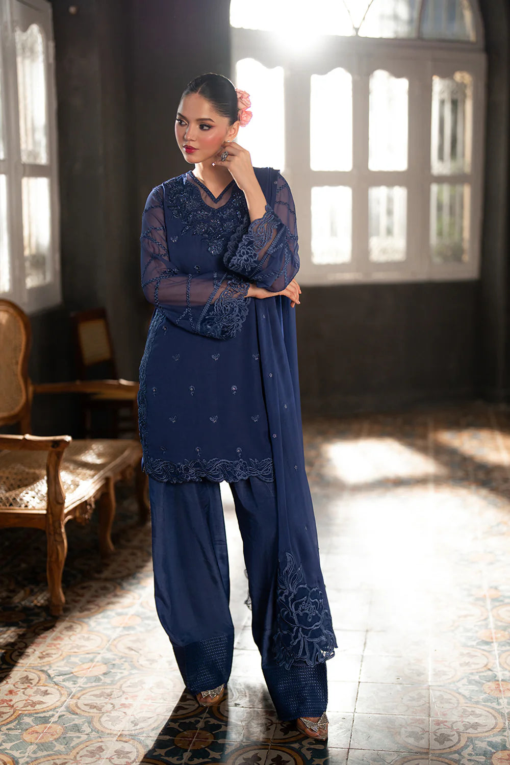 Azure Chiffon Embroidered Farshi Dress Latest Collection 2025