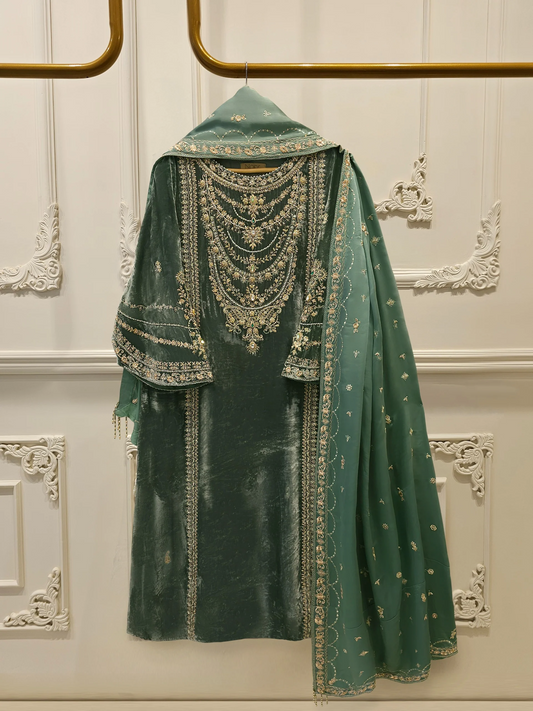 Agha Noor 3 Piece-Velvet Embroidered Suit WS00220