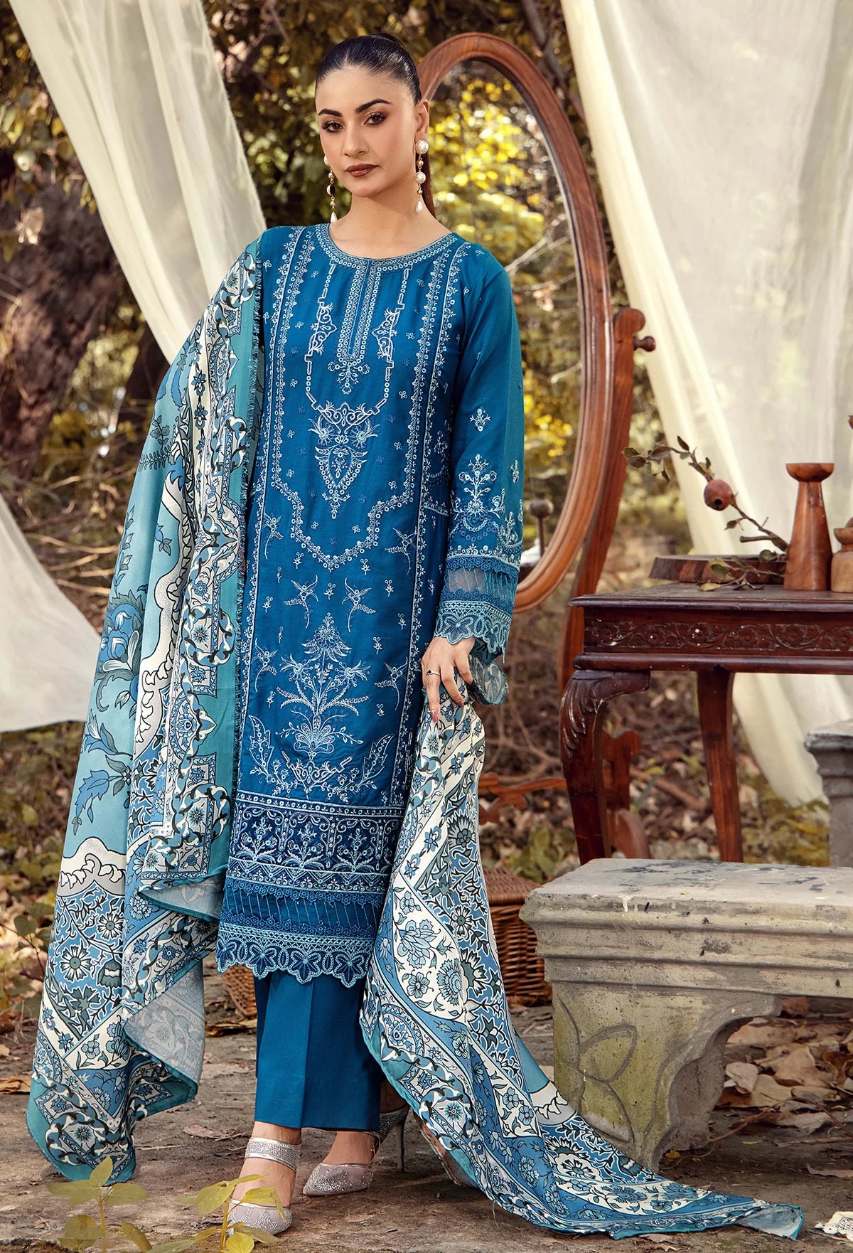 Linen Embroidered 3 Piece Dress