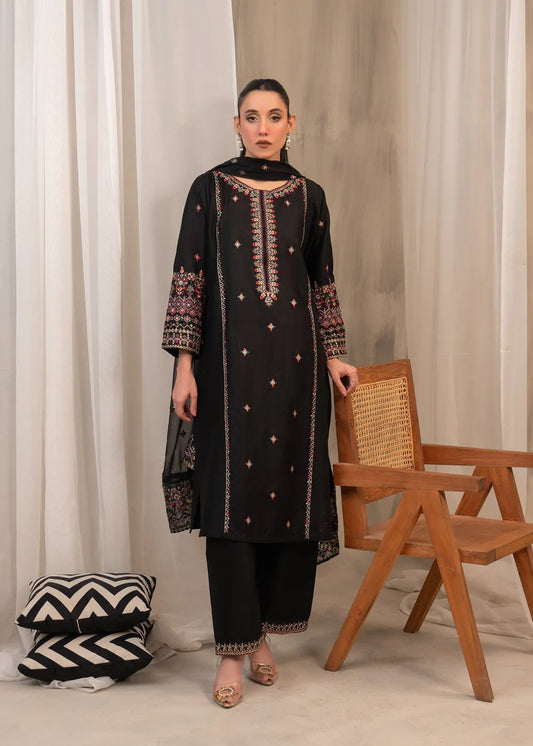 Linen Embroidered 3 Piece Dress