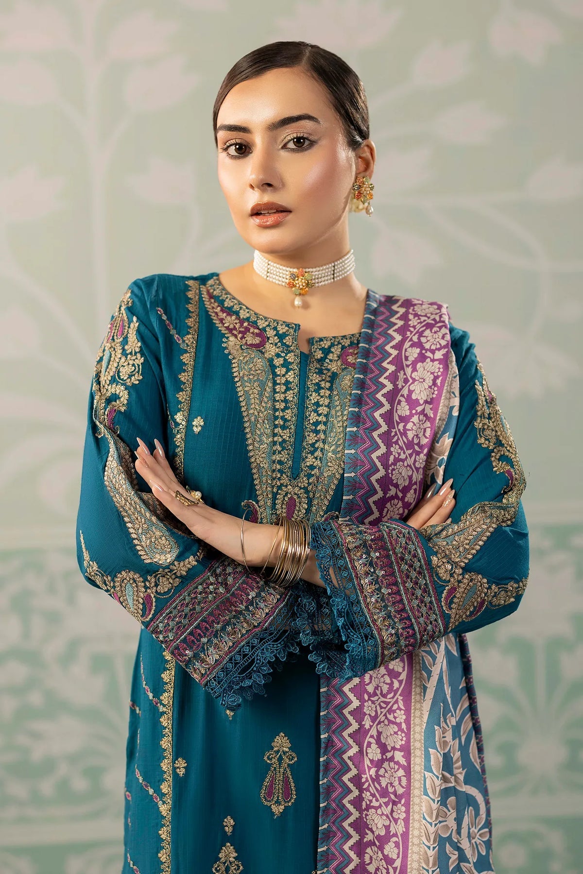 Viscose Slub  Embroidered 3 Piece Dress